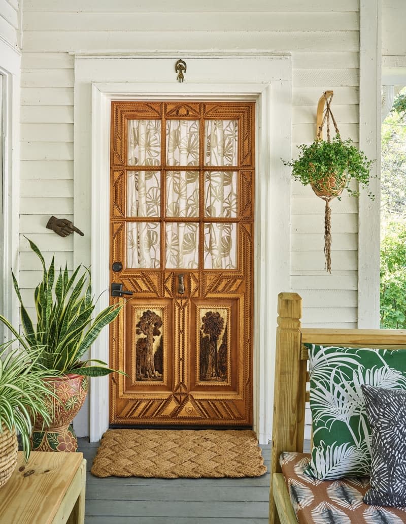 Intricately carved wooden front door