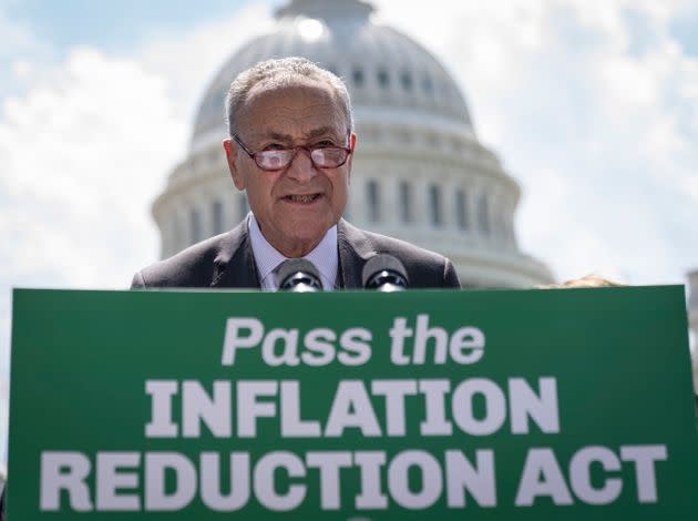 Senate Majority Leader Chuck Schumer (D-N.Y.) speaks during a news conference about the Inflation Reduction Act outside the U.S. Capitol on Thursday. The bill is expected to include three years of subsidies for Affordable Care Act premiums and some prescription drug reforms. (Photo: Drew Angerer/Getty Images)