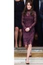 <p>The Duchess steps out in a burgundy lace Dolce & Gabbana dress.</p>