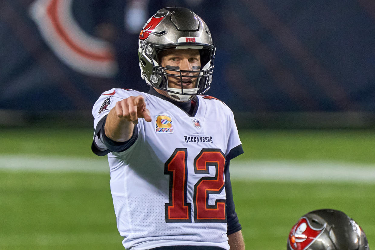 CHICAGO, IL - OCTOBER 08: Tampa Bay Buccaneers Quarterback Tom Brady (12) points down field in game action during a NFL game between the Chicago Bears and the Tampa Bay Buccaneers on October 8th, 2020, at Soldier Field in Chicago, IL. (Photo by Robin Alam/Icon Sportswire via Getty Images)