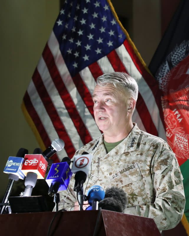 U.S. Marine Corps General McKenzie, commander of U.S. Central Command, speaks during a news conference, in Kabul