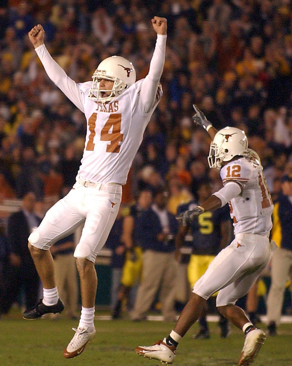 Texas kicker Dusty Mangum booted a 37-yard field goal on the final play to give Texas a 38-37 win over Michigan in the 2005 Rose Bowl. Mangum's winning effort is widely regarded as the biggest kick in program history.