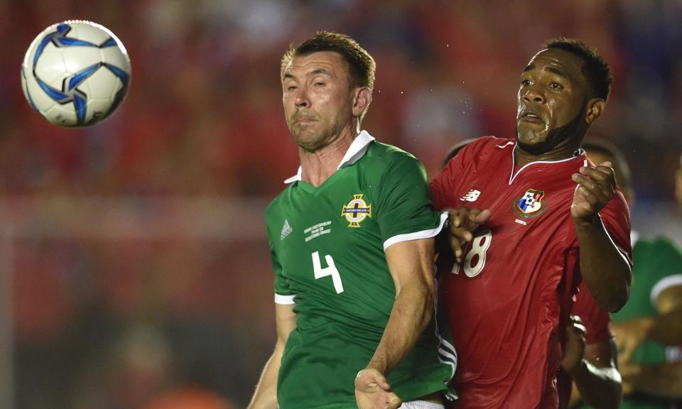 Northern Ireland’s Gareth McAuley tussles with Panama’s Luis Tejada during their pre-World Cup friendly in May.