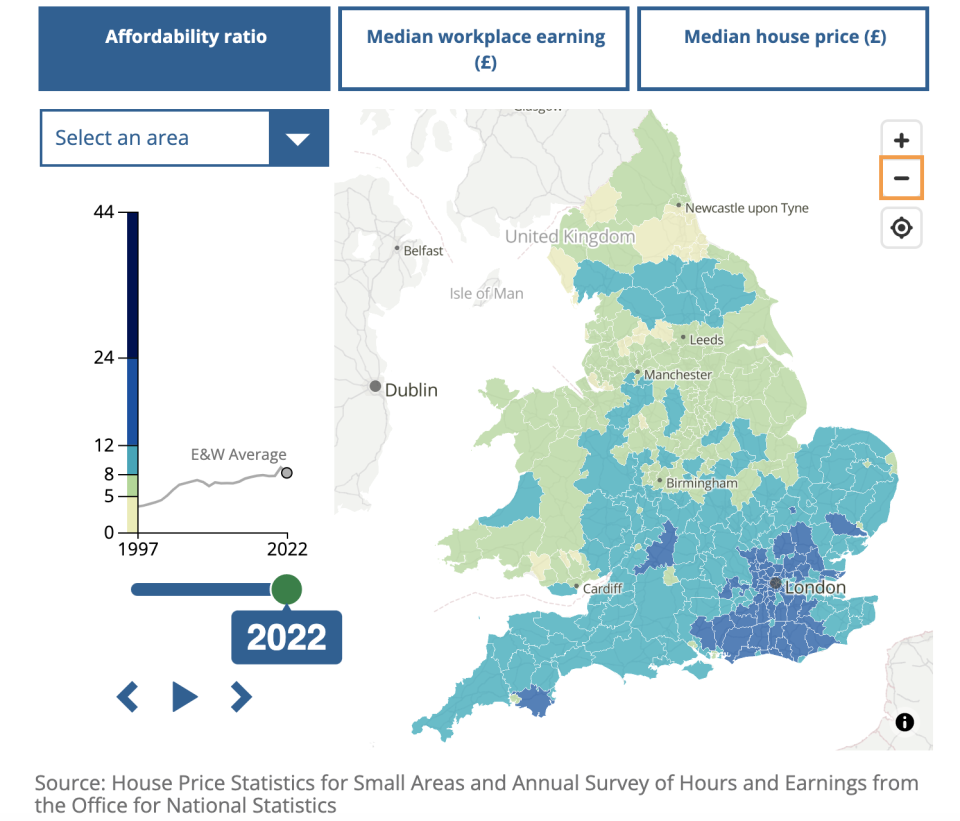 Map showing the affordability ratio in local authorities in England and Wales.