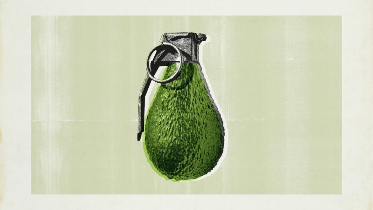  Photo collage of an avocado with a grenade pin and handle on it. 