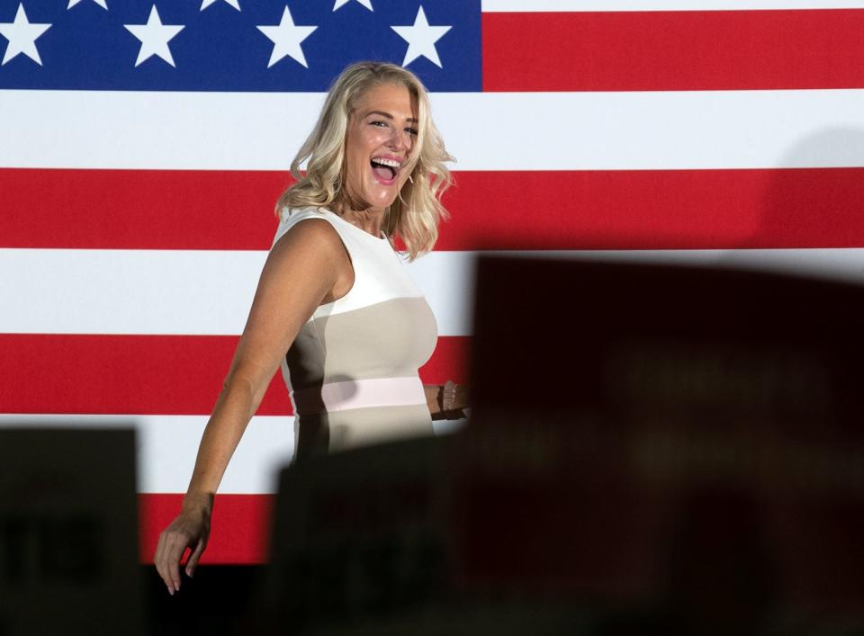 Sarasota District 1 School Board candidate Bridget Ziegler spoke to voters before Florida Governor Ron DeSantis took the stage at the Sahib Shriner Event Center on Sunday as part of his Education Agenda Tour across the state. MATT HOUSTON/HERALD-TRIBUNE