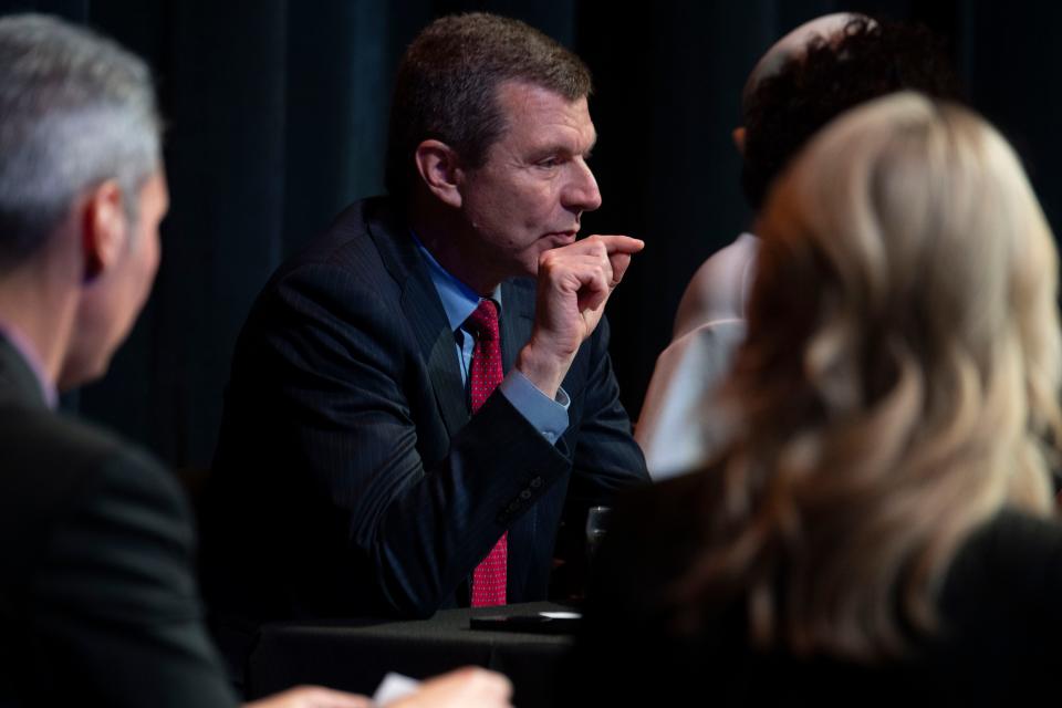 Jim Gingrich, former chief operating officer of AllianceBernstein, answers a question during the Nashville mayoral debate at Fisher Performing Arts Center in Nashville, Tenn., Thursday, May 18, 2023.