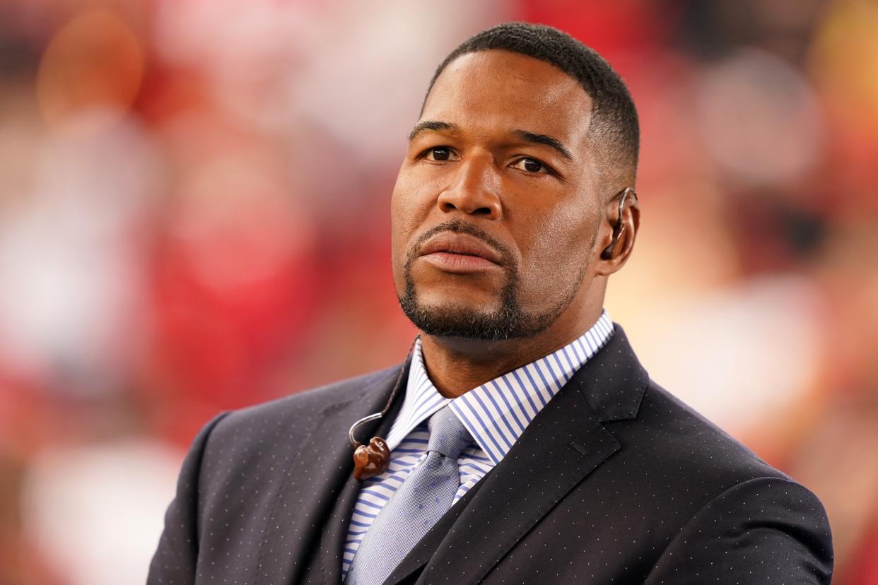 TV personality Michael Strahan looks on prior to the NFC Championship game between the San Francisco 49ers and the Green Bay Packers at Levi's Stadium on January 19, 2020 in Santa Clara, California.  (Getty Images)