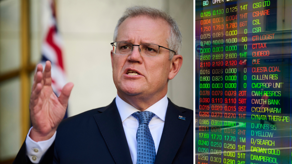 Prime Minister Scott Morrison and the ASX board showing company price changes.