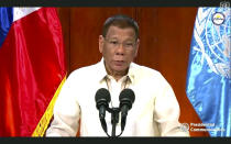 In this image made from UNTV video, Rodrigo Roa Duterte, president of the Philippines, speaks in a pre-recorded message which was played during the 75th session of the United Nations General Assembly, Tuesday, Sept. 22, 2020, at UN headquarters. The U.N.'s first virtual meeting of world leaders started Tuesday with pre-recorded speeches from some of the planet's biggest powers, kept at home by the coronavirus pandemic that will likely be a dominant theme at their video gathering this year. (UNTV via AP)