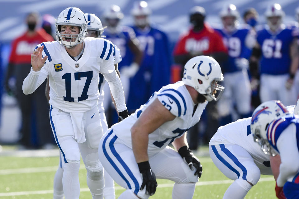 Indianapolis Colts quarterback Philip Rivers (17) calls out to his teammates during the first half of an NFL wild-card playoff football game against the Buffalo Bills, Saturday, Jan. 9, 2021, in Orchard Park, N.Y. (AP Photo/Adrian Kraus)