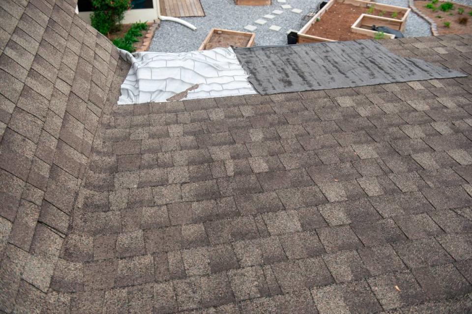 Tarps cover leaks in the roof of Teresa Teague’s St. Jude Dream Home on Thursday, March 14, 2024.