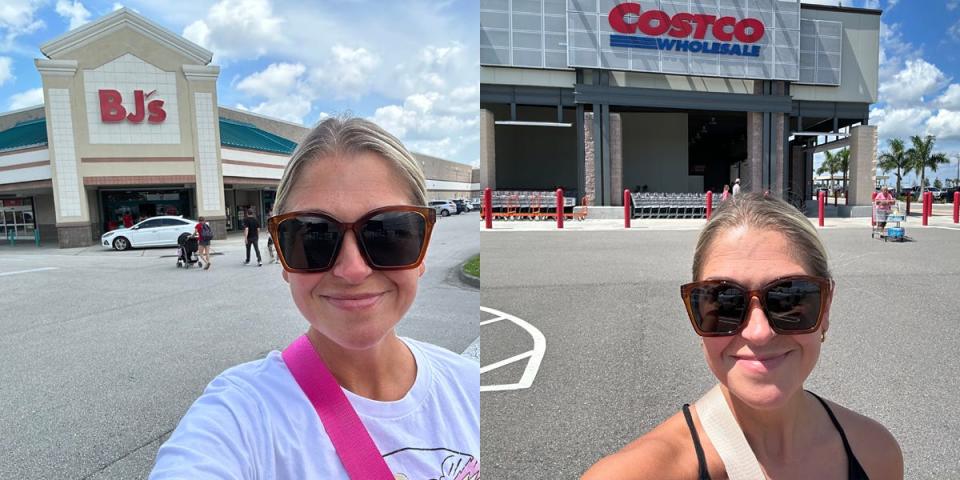 Author Terri Peters smiling in front of BJ's next to image of her smiling in front of Costco