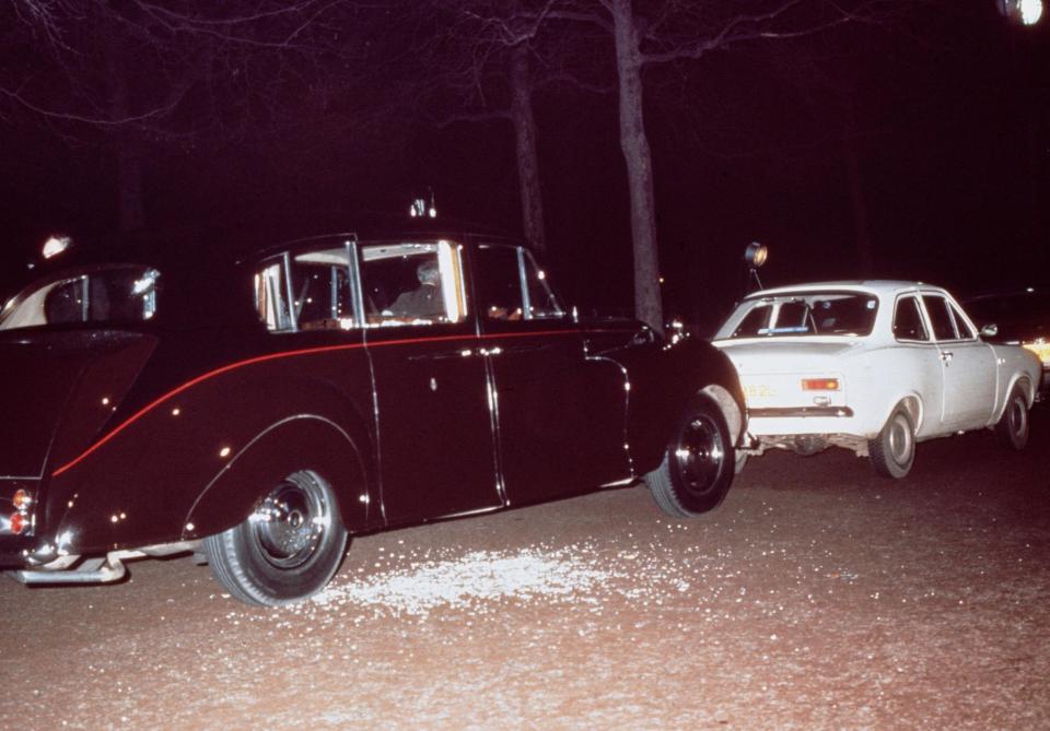 Princess Anne's Rolls Royce and Ball's white Ford Escort after the attempted kidnapping (Getty Images)