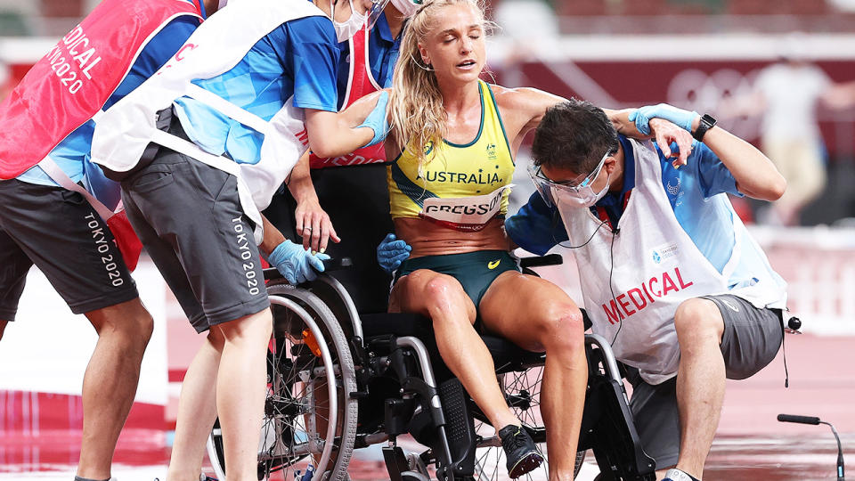 Australia's Genevieve Gregson had to be helped from the steeplechase course in a wheelchair after a devastating fall in the dying stages of the final at the Tokyo Olympics. (Photo by Christian Petersen/Getty Images)