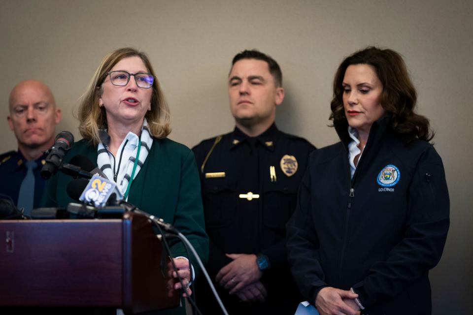 Interim MSU President Teresa Woodruff speaks to the media Tuesday, Feb. 14, 2023 during a news conference at University Club of Michigan State University surrounding details of the fatal shooting on the campus of MSU on Monday night.