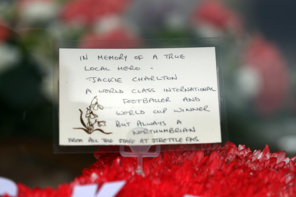 Floral tributes for Jack Charlton outside West Road Crematorium, in Newcastle before his funeral. The former Republic of Ireland manager, who won the World Cup playing for England, died on July 10 aged 85.