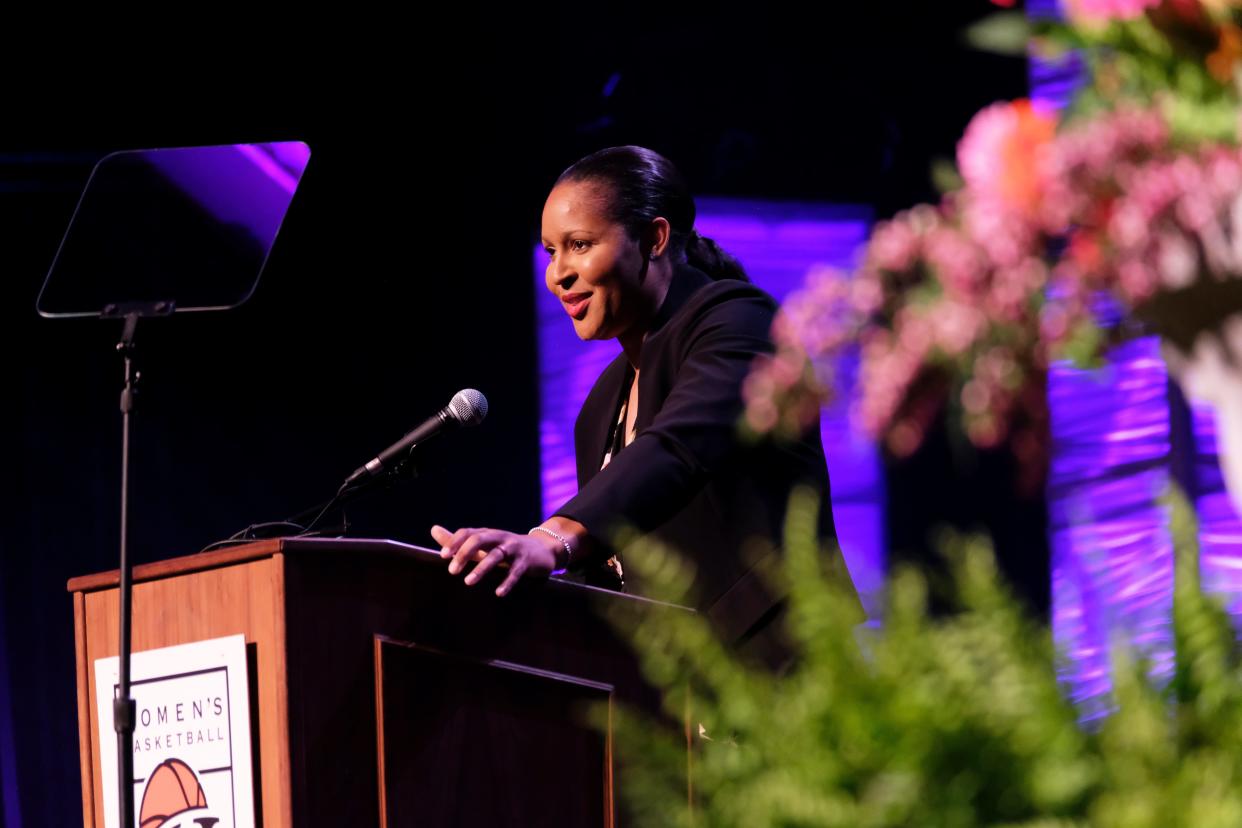 Women’s Basketball Hall of Fame 2024 inductee Maya Moore-Irons gives her remarks during the Induction Ceremony at the Tennessee Theatre in Knoxville, Tenn., on Saturday, April 27, 2024. Mandatory Credit: Shawn Millsaps-The Knoxville News-Sentinel