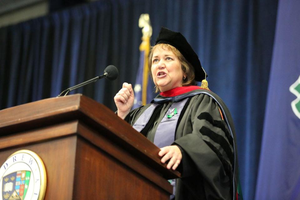 Karen Oliveto, the first openly gay person elected as a Bishop in the United Methodist Church, receives an honorary doctorate of divinity degree during the 2019 commencement at Drew University in Madison. May 11, 2019