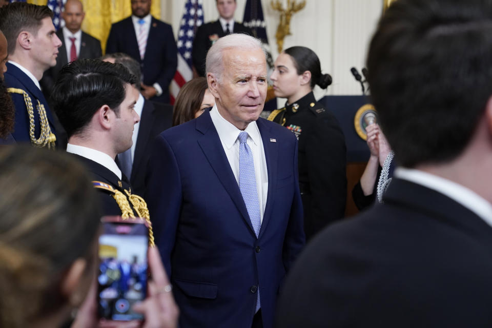 President Joe Biden leaves after a ceremony to mark the second anniversary of the Jan. 6 assault on the Capitol and to award Presidential Citizens Medals in the East Room of the White House in Washington, Friday, Jan. 6, 2023. (AP Photo/Patrick Semansky)