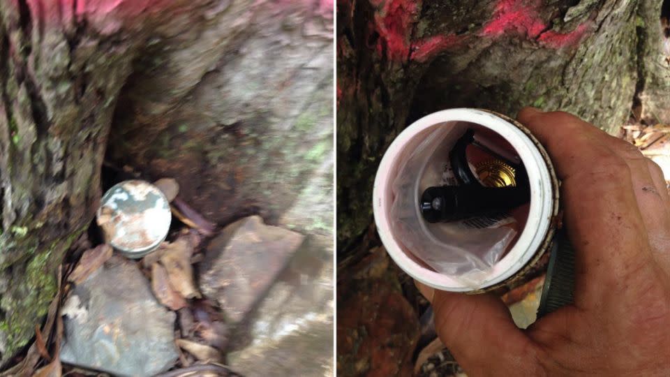 The can containing a compass and a torch was found lodged in the tree stump. Photo: Facebook