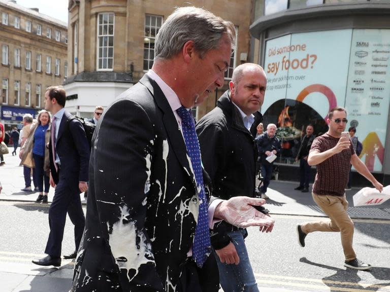 A man who threw a milkshake at Nigel Farage while he was campaigning in Newcastle city centre is due in court today facing charges of common assault and criminal damage.The Brexit Party leader's suit was left covered with the banana and salted caramel Five Guys drink as he garnered support ahead of last month's European elections.Paul Crowther, 32, was arrested at the scene after being filmed dousing Mr Farage with the milkshake. A voice can be heard shouting “fascist!” as Mr Farage walks away in a video of the incident. Mr Crowther later told journalists the act was “a right of protest against people like him”.“The bile and the racism he spouts out in this country is far more damaging than a bit of milkshake to his front,” he said. Mr Crowther, of Holeyn Road in Throckley, Newcastle-upon-Tyne, was charged by Northumbria Police with common assault and criminal damage.The criminal damage charge relates to a microphone which was damaged during the incident on 20 May, the force said.Mr Crowther is due to appear at North Tyneside Magistrates' Court on Tuesday morning.In the immediate aftermath of the incident, Mr Farage was heard telling a member of security staff that he “could have spotted that a mile off”.Later that day, the Brexit Party leader said: “I won't even acknowledge the low-grade behaviour that I was subjected to this morning, I won't dignify it, I will ignore it.“Perhaps keep buying new clothes and carry on.”Days after the incident in Newcastle, Mr Farage reportedly got stuck on his campaign bus when it arrived in Kent after people armed with milkshakes surrounded the vehicle.He later tweeted: “Sadly some remainers have become radicalised, to the extent that normal campaigning is becoming impossible.“For a civilised democracy to work you need the losers consent, politicians not accepting the referendum result have led us to this.”Milkshakes were also thrown at Tommy Robinson and Ukip candidate Carl Benjamin in the run-up to the European elections. Mr Benjamin, a far-right activist, had four milkshakes thrown at him in the space of a week.Additional reporting by PA