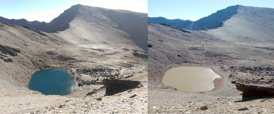 Laguna de alta montaña de La Caldera (Sierra Nevada, España) antes y después del evento de deposición de polvo sahariano en marzo de 2022. Cortesía Alejandra Fernández. Universidad de Granada