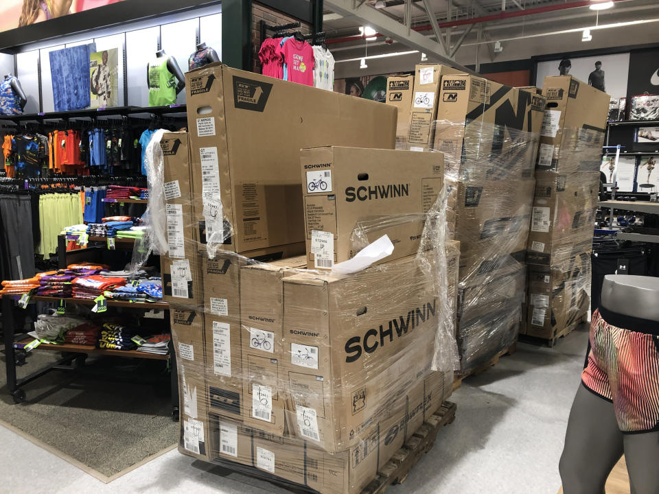 Restocking Schwinn Bicycles at Dicks Sporting Goods store, shortages of bicycles due to increased ridership during Covid 19 pandemic, Queens, New York. (Photo by: Lindsey Nicholson/Universal Images Group via Getty Images)