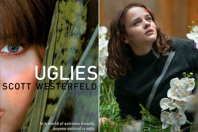 <p>Simon & Schuster; Brian Douglas/Netflix </p> The cover of 'Uglies' and Joey King in the Netflix adapation