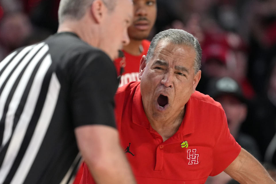 Houston coach Kelvin Sampson yells at an official during the second half of an NCAA college basketball game against Iowa State Monday, Feb. 19, 2024, in Houston. Houston won 73-65. (AP Photo/David J. Phillip)