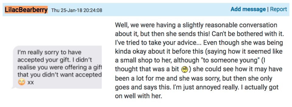 This is the response she got from her co-worker when she sent her a text about it. Photo: Mumsnet