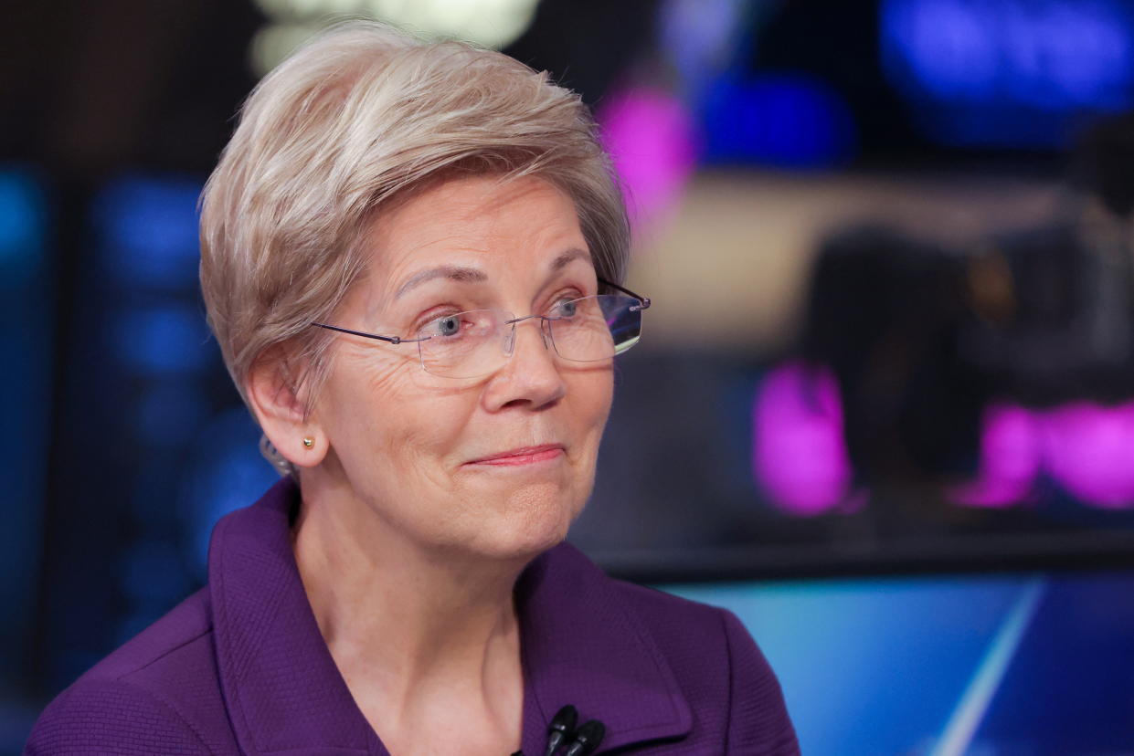 U.S. Senator Elizabeth Warren (D-MA) is interviewed on the trading floor at the New York Stock Exchange (NYSE) in New York City, U.S., March 31, 2023. REUTERS/Andrew Kelly