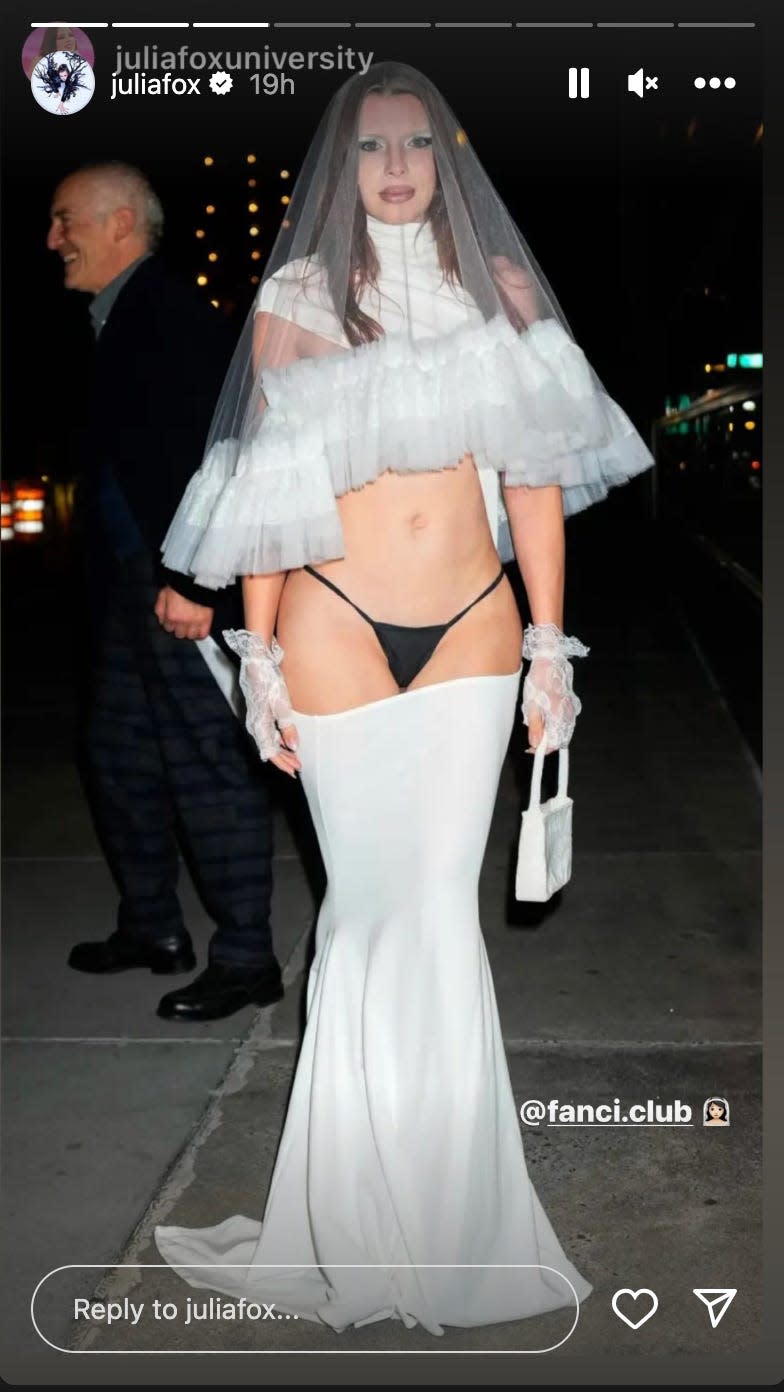 Julia Fox wearing wedding dress in New York City in January 2024.