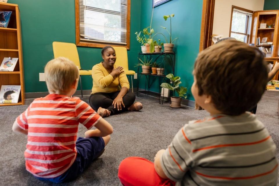 Limestone Community School students are designing one of their homes for Sarauniya Pelts, a first-year kindergarten teacher participating in the Tenants to Homeowners program in Lawrence, Kan.