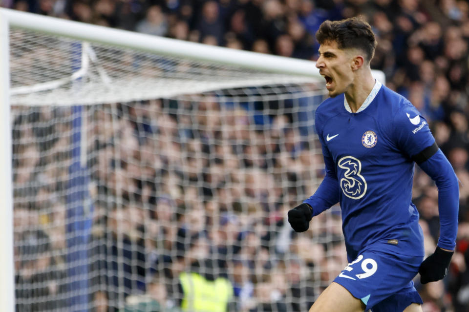 Chelsea's Kai Havertz celebrates after scoring his side's opening goal during the English Premier League soccer match between Chelsea and Crystal Palace at Stamford Bridge Stadium in London, Sunday, Jan. 15, 2023. (AP Photo/David Cliff)