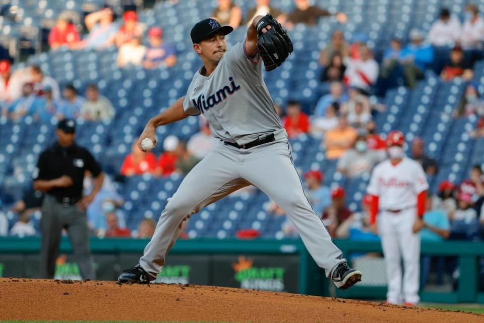 Cody Poteet #72 of the Miami Marlins pitches during the first inning against the Philadelphia Phillies at Citizens Bank Park on May 18, 2021 in Philadelphia, Pennsylvania.