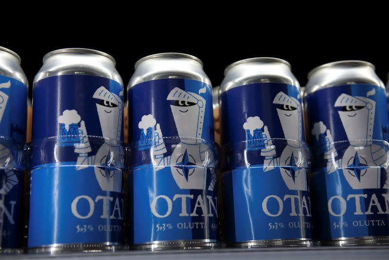 FILE PHOTO: Nato-branded OTAN beer cans by Olaf Brewing Company are pictured in Savonlinna