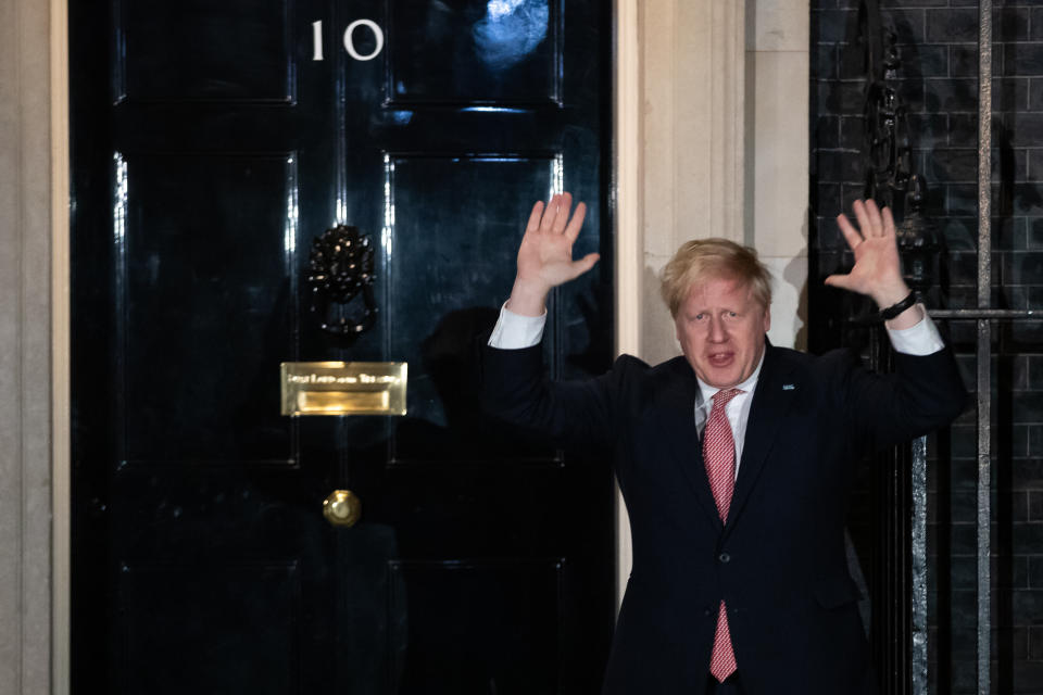 Prime Minister Boris Johnson outside 10 Downing Street, London, joining in with a national applause for the NHS to show appreciation for all NHS workers who are helping to fight the Coronavirus. (Photo by Aaron Chown/PA Images via Getty Images)