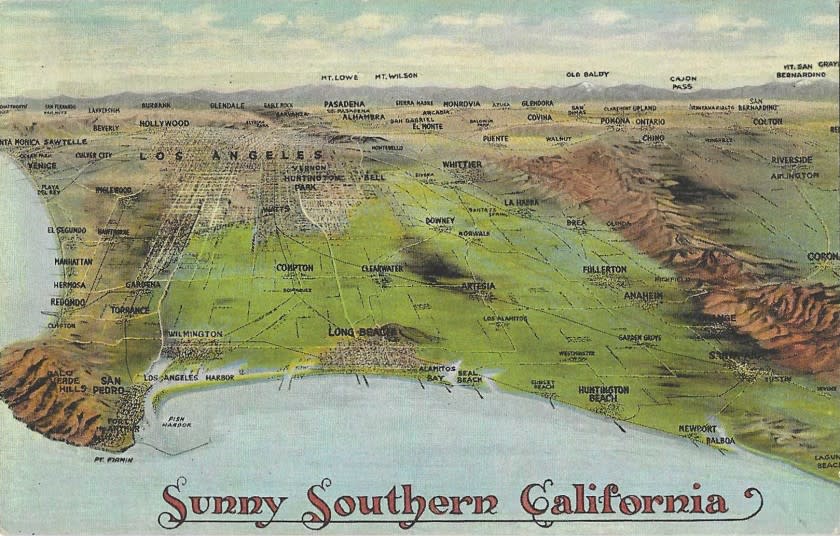 Vintage postcard shows a pre-sprawl Southern California landscape and reads "Sunny Southern California."