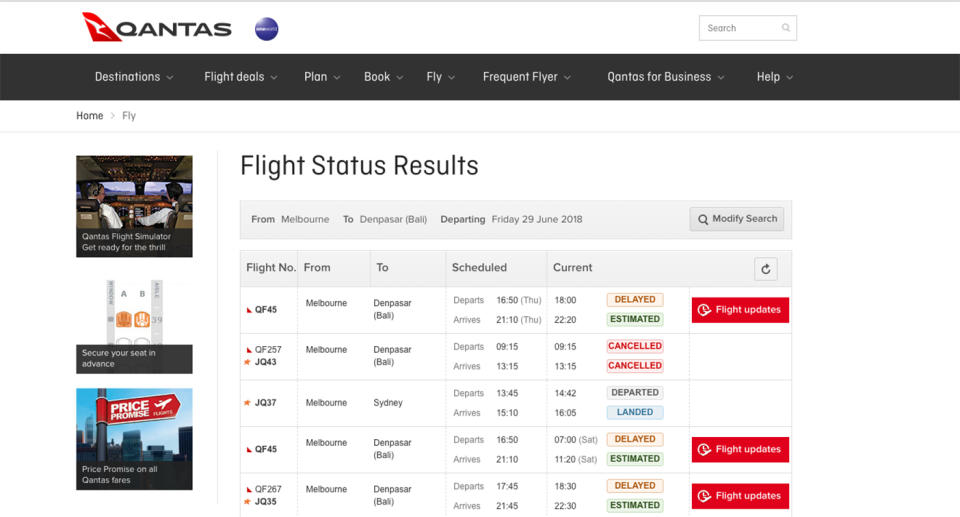 Qantas has listed its Friday evening flights to Bali as “delayed”. Source: Qantas