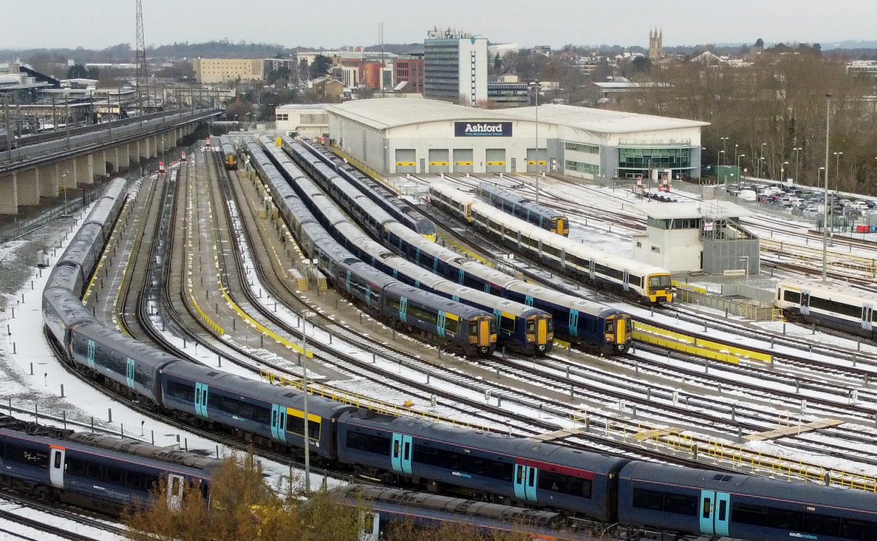 Southeastern trains parked in sidings near Ashford station in Kent