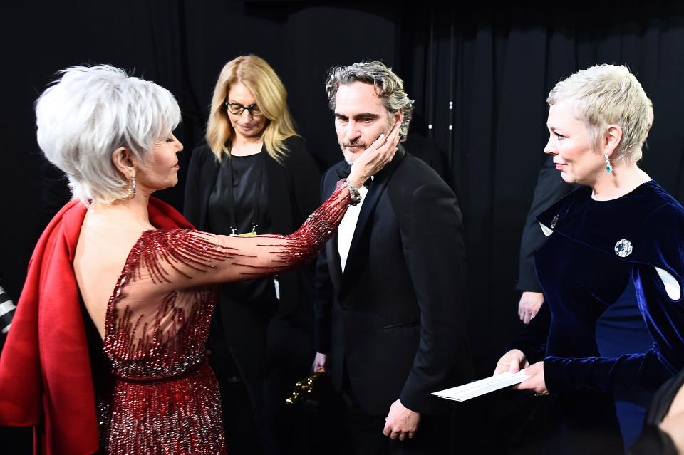 A sweet moment between Jane Fonda and Joaquin Phoenix after Phoenix wins best actor at the 2020 Oscars.