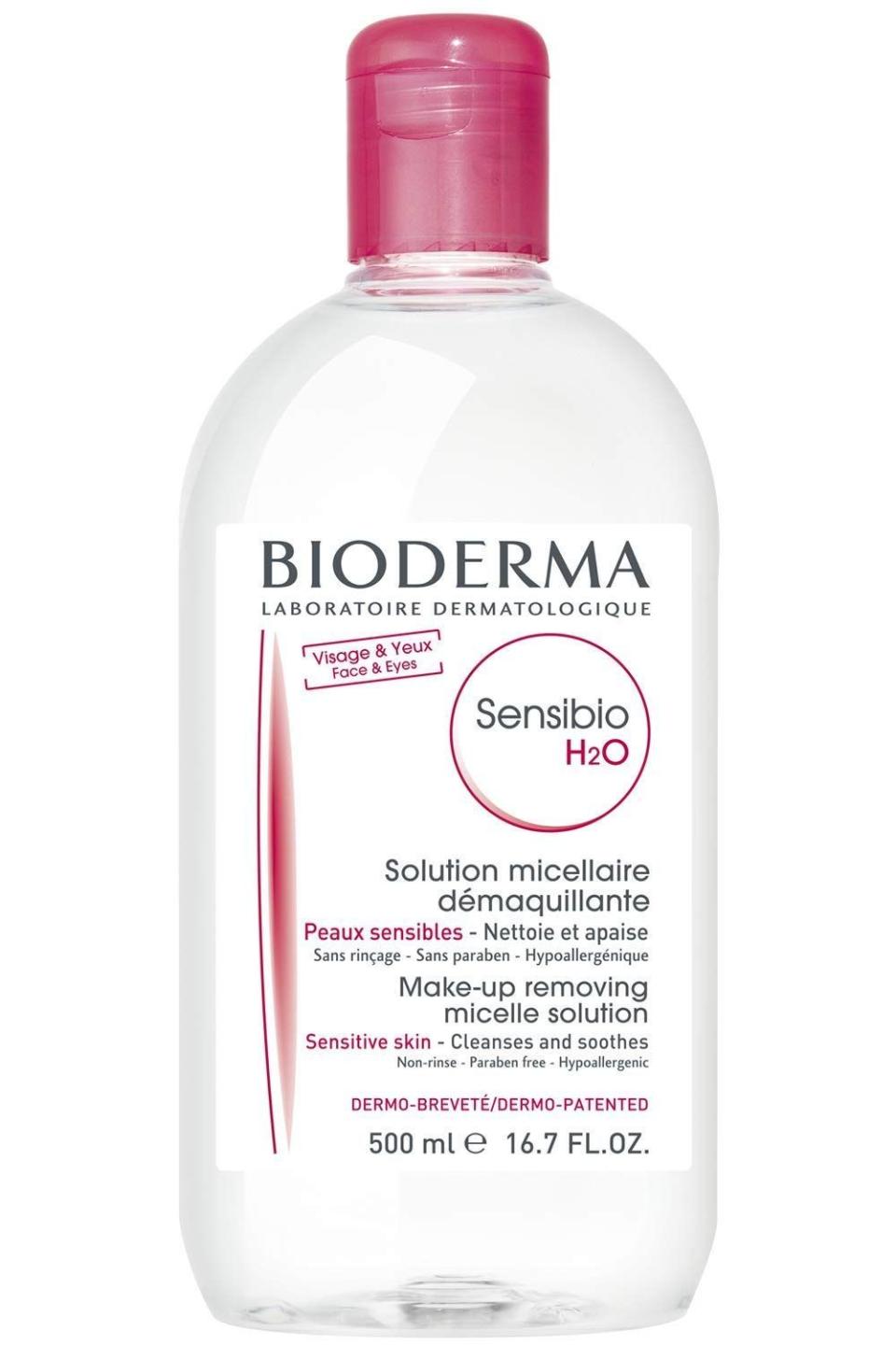 <p><strong>Bioderma</strong></p><p>amazon.com</p><p><strong>$11.24</strong></p><p><a href="https://www.amazon.com/dp/B002XZLAWM?tag=syn-yahoo-20&ascsubtag=%5Bartid%7C10055.g.38414112%5Bsrc%7Cyahoo-us" rel="nofollow noopener" target="_blank" data-ylk="slk:Shop Now;elm:context_link;itc:0;sec:content-canvas" class="link ">Shop Now</a></p><p>It's time to move on from your bad makeup wipe habit and switch to a micellar water solution instead. This non-rinse makeup remover gently wipes away all the dirt and makeup and deserves all the awards.</p>