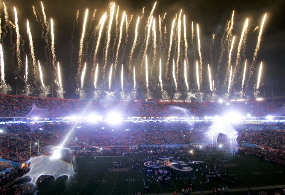FILE - Searchlights and fireworks illuminate Dolphin Stadium as Prince takes the stage in the halftime performance of the Super Bowl XLI NFL football game in Miami on Sunday, Feb. 4, 2007. When the Super Bowl halftime show was born, high school and college marching bands took center field. But over the years, the intermission during the NFL’s championship game has turned into one of sports’ biggest spectacles with superstar performances. (AP Photo/Wilfredo Lee, File)