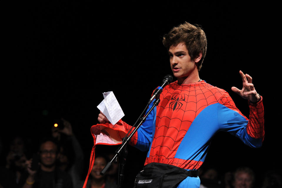 Actor Andrew Garfield dressed as Spider-Man.
