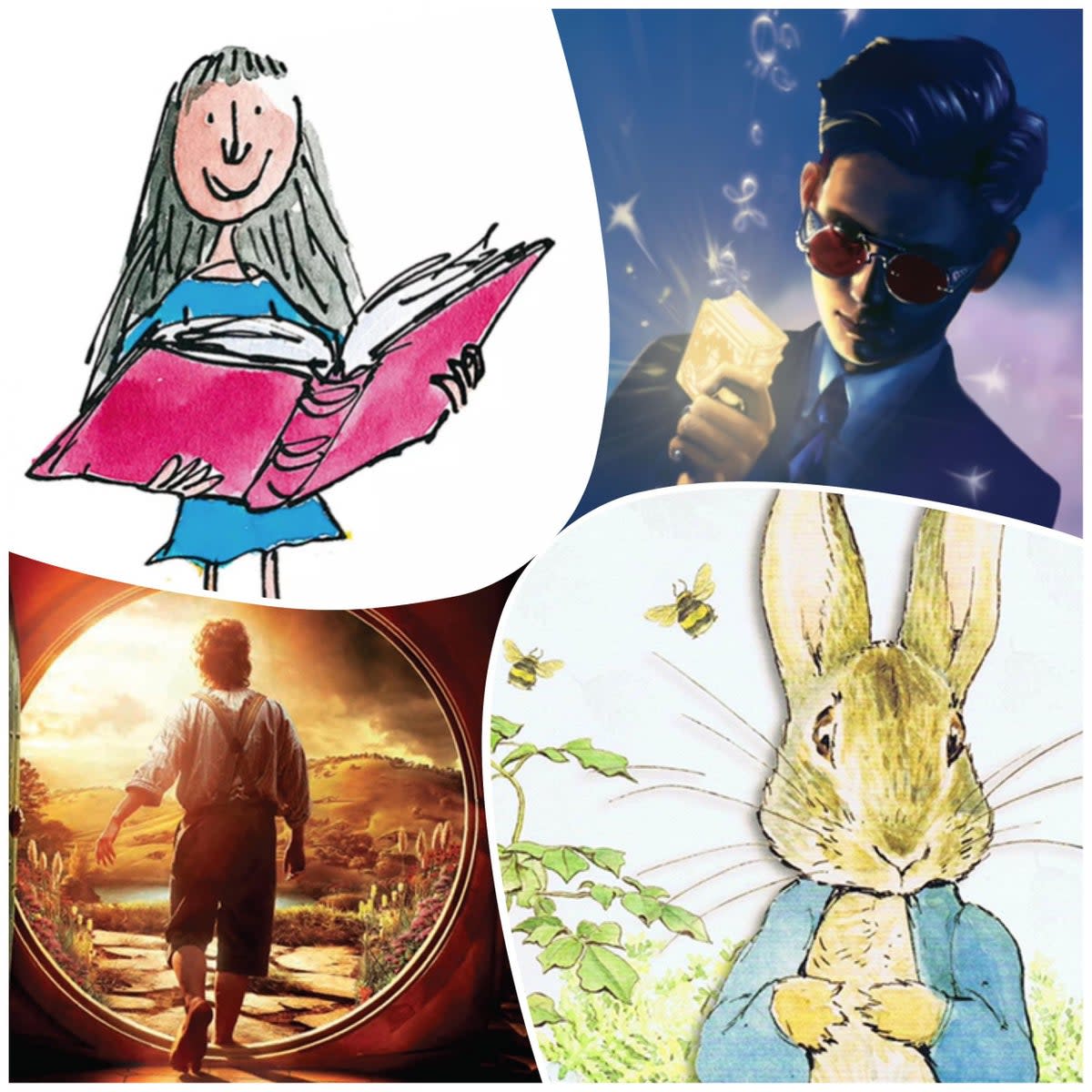 Clockwise from top-left: Matilda, Artemis Fowl, Peter Rabbit, The Hobbit (Puffin/Disney Press/Harper Collins/Warne)