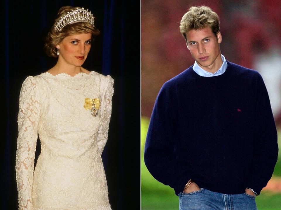 On the left, Princess Diana looking stunning in a 1986 photo; on the right, her dashing son William in 2001.