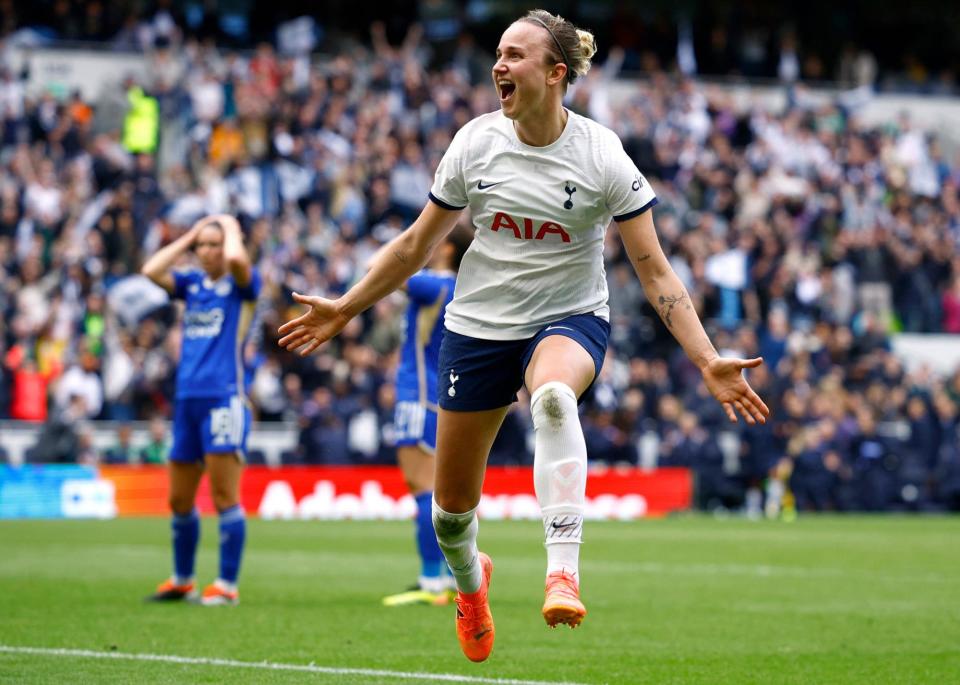 <span>Tottenham’s Martha Thomas wheels away in celebration after her header won the tie with two minutes of extra time remaining.</span><span>Photograph: John Sibley/Action Images/Reuters</span>