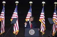 President Donald Trump speaks during a campaign rally at the Minden-Tahoe Airport in Minden, Nev., Saturday, Sept. 12, 2020. (AP Photo/Lance Iversen)