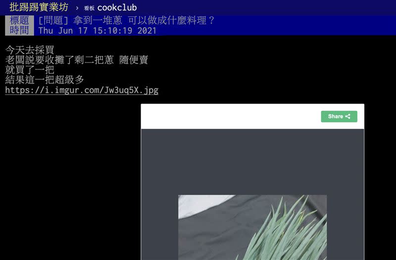網友貼文發問「拿到一堆蔥可以做成什麼料理？」（圖／翻攝自PTT）